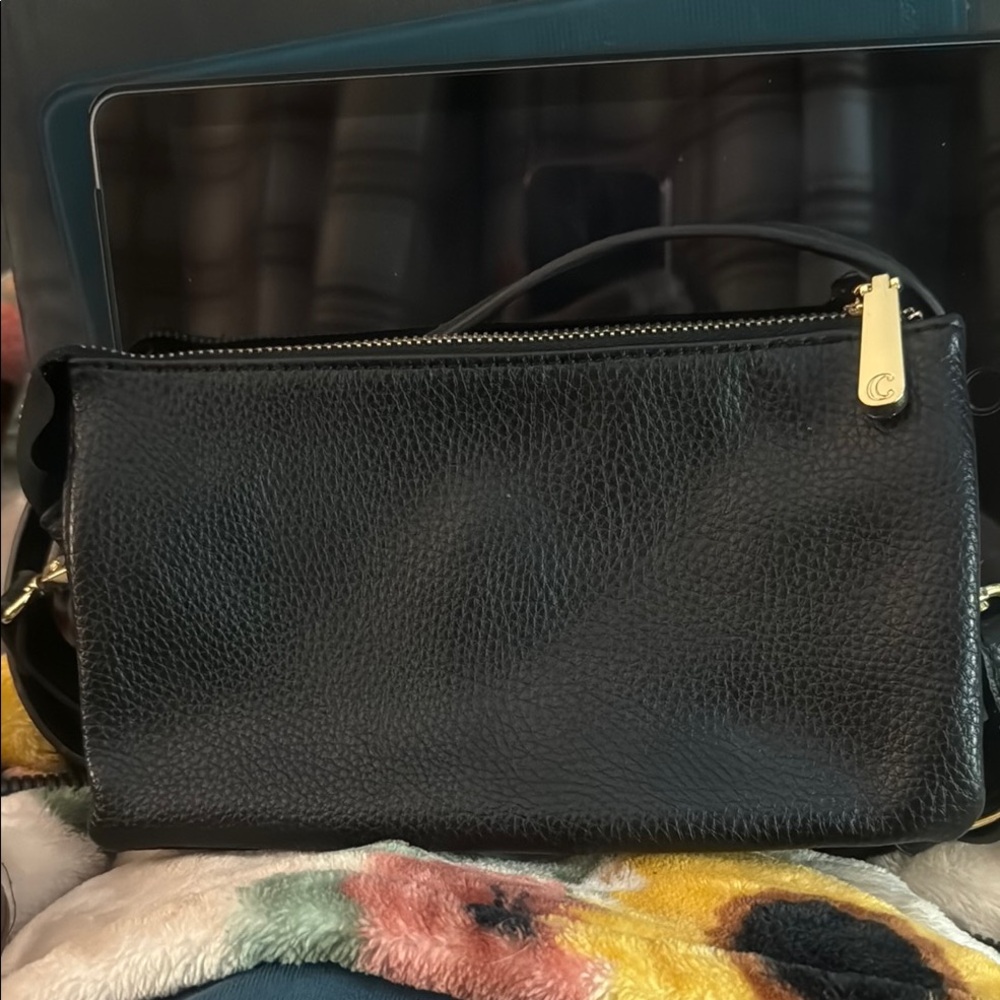 EUC Charming Charlie Black Leather and Gold Shoulder Bag